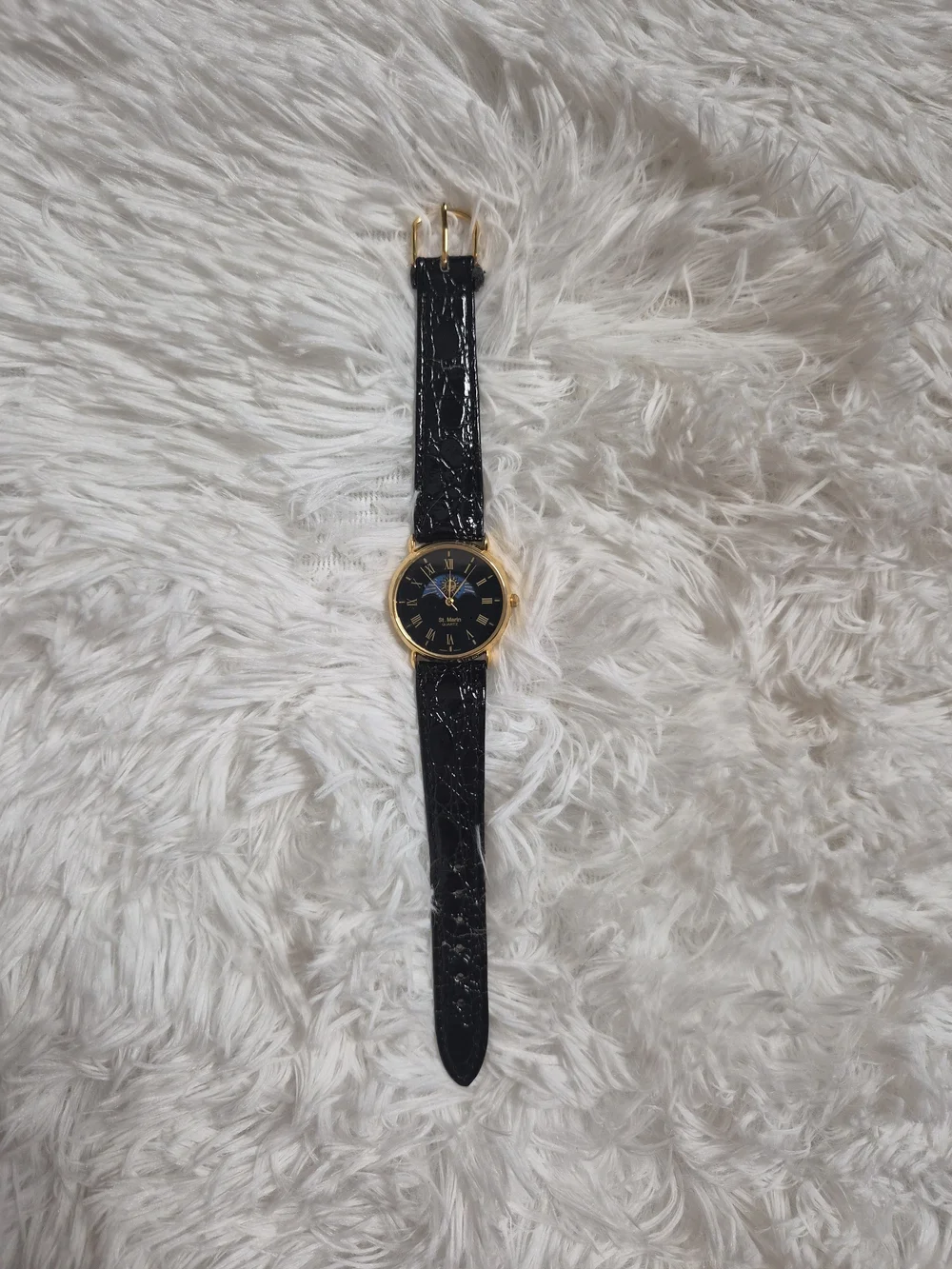 Vintage Watch St Marin Black Leather Band Umbrella Cut Out Sun Analog Quartz ✨️